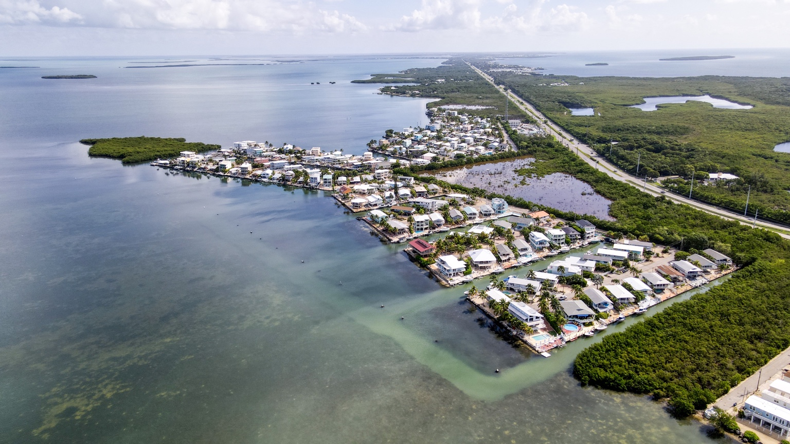 Aerial view of waterfront homes in the Florida Keys